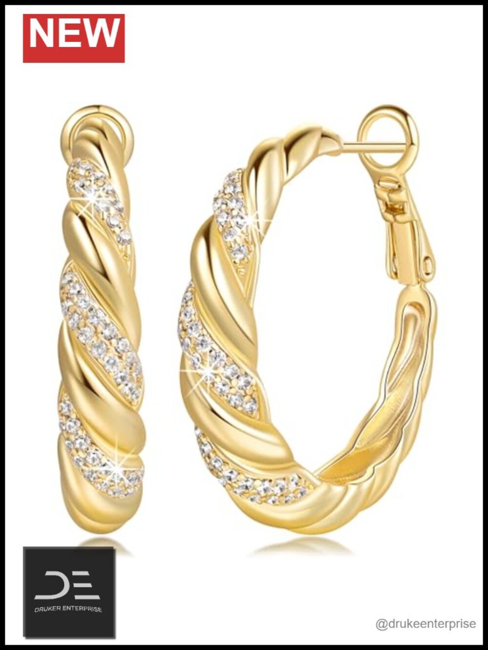 14K Gold Plated Spiral Hoop Earrings Cubic Zirconia Statement